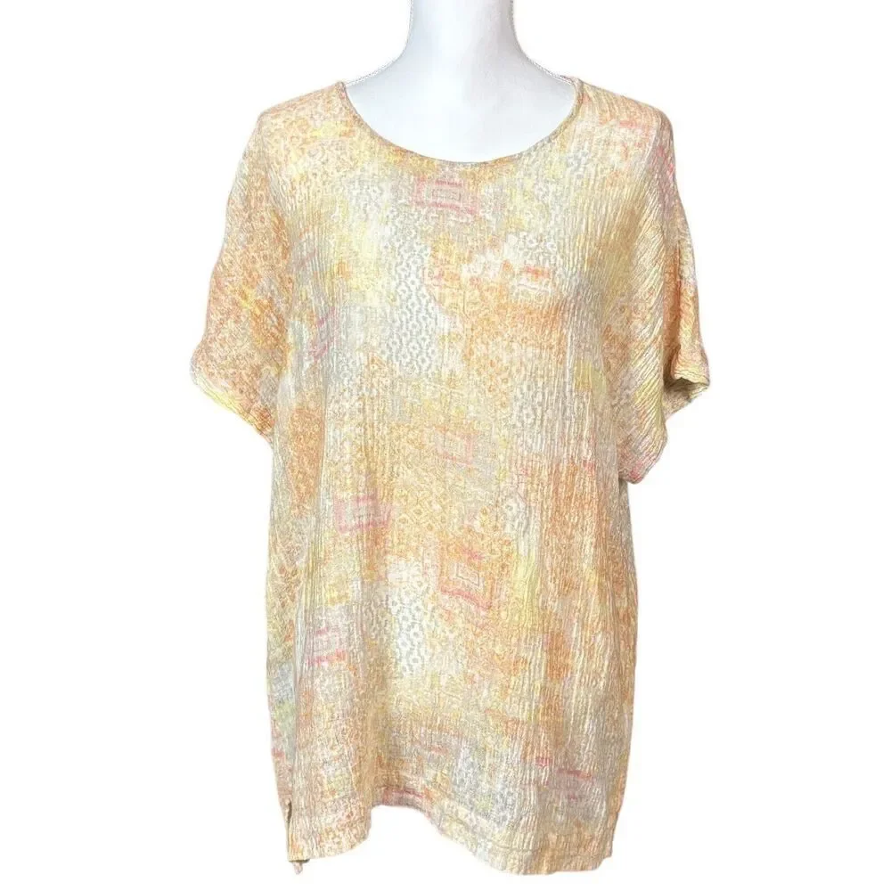 Pure Jill J Jill Top Size Large Linen Blend Orange Artsy Resortwear Lagenlook - Picture 9 of 10